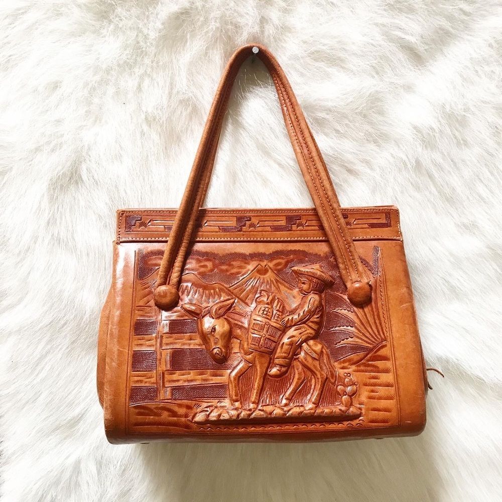 TOOLED BROWN LEATHER 1950’s 50s Mexican Cacti & Donkey Vintage Purse Handbag Bag